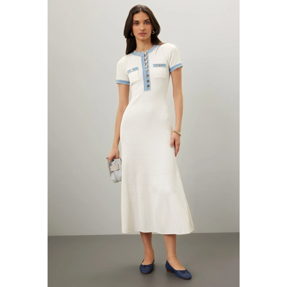 Sandro Alecia Dress Off-White Ribbed Maxi Denim Trim Short Sleeve Sz 36EU / 4 US - Picture 1 of 15